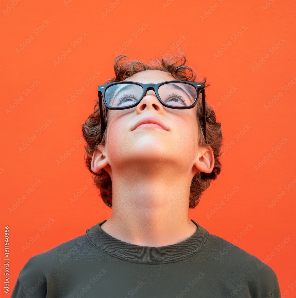 A cute boy with glasses, looking up at the sky, orange background, thoughtful expression, vibrant, youthful. A cute boy with glasses, looking up at the sky, orange background, thoughtful expression, vibrant, youthful.