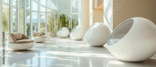 Spacious lounge area with spherical designs, sleek furniture, and natural light for relaxation-5