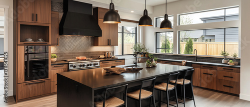Stylish kitchen interior with dark wood cabinetry and black accents, softly lit by daylight-1