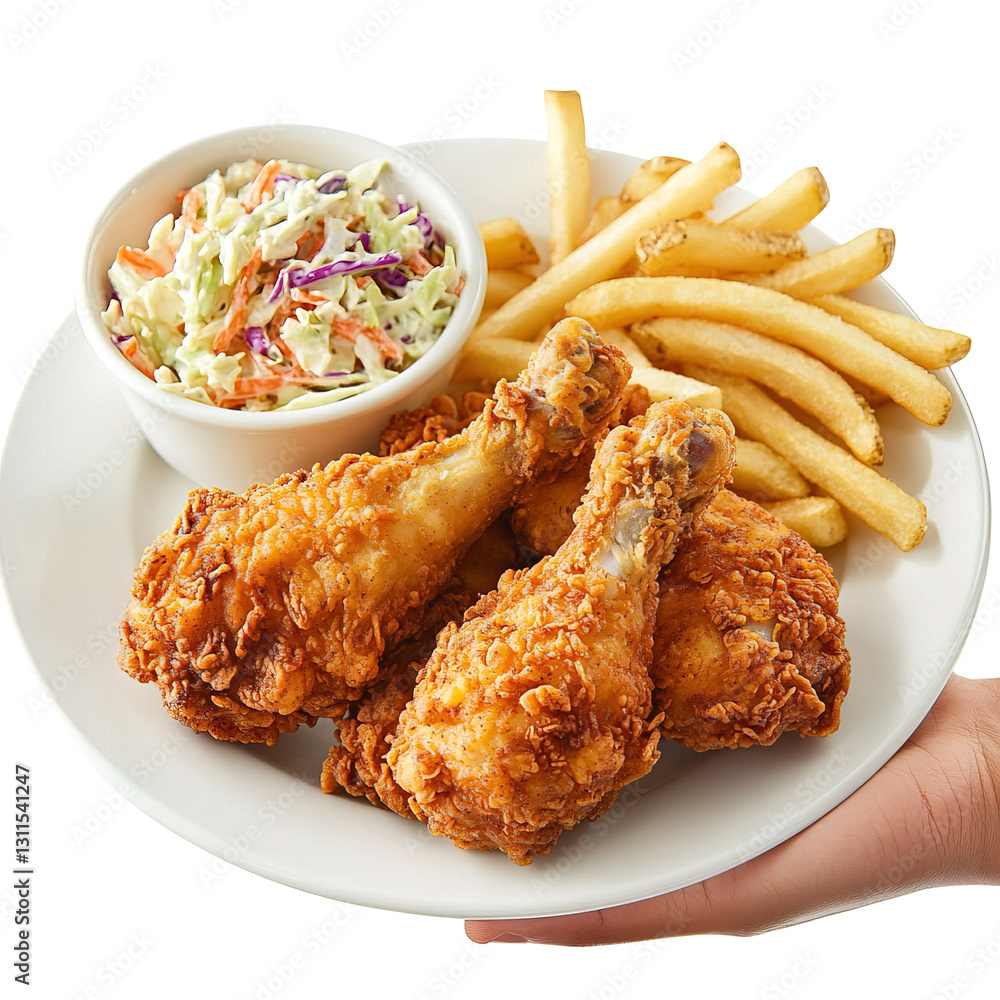 Obraz premium Fried chicken legs with french fries and coleslaw salad on a white background. Overlays, clip art, png.