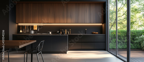 Stylish kitchen interior with dark wood cabinetry and black accents, softly lit by daylight-3