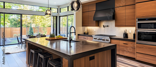 Stylish kitchen interior with dark wood cabinetry and black accents, softly lit by daylight-2