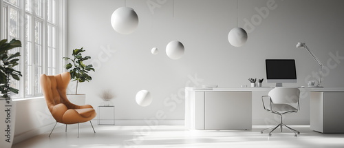 Stylish workspace featuring minimalistic furniture and floating geometric spheres, bright and airy ambiance-3