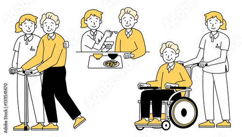 介護される高齢男性のベクターイラストセット