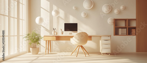 Stylish workspace featuring minimalistic furniture and floating geometric spheres, bright and airy ambiance-4