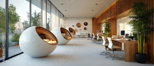 Tranquil office space with spherical designs and chic furniture, promoting a focused atmosphere-5