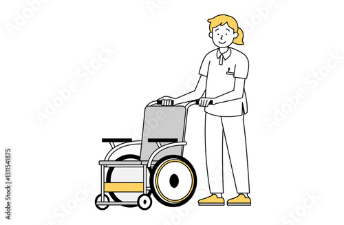 車椅子を押す女性介護士のイラスト 介助 老人ホーム  通院 病院 怪我 シンプル