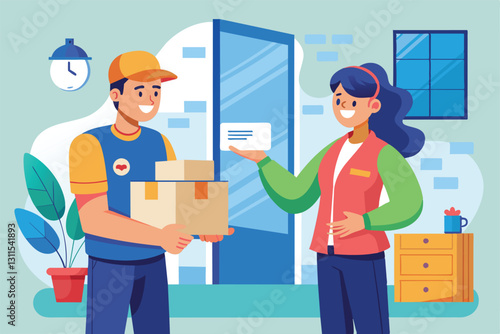 A delivery person hands over a parcel to a happy recipient at their doorstep during the day, Receive goods from the delivery service trending