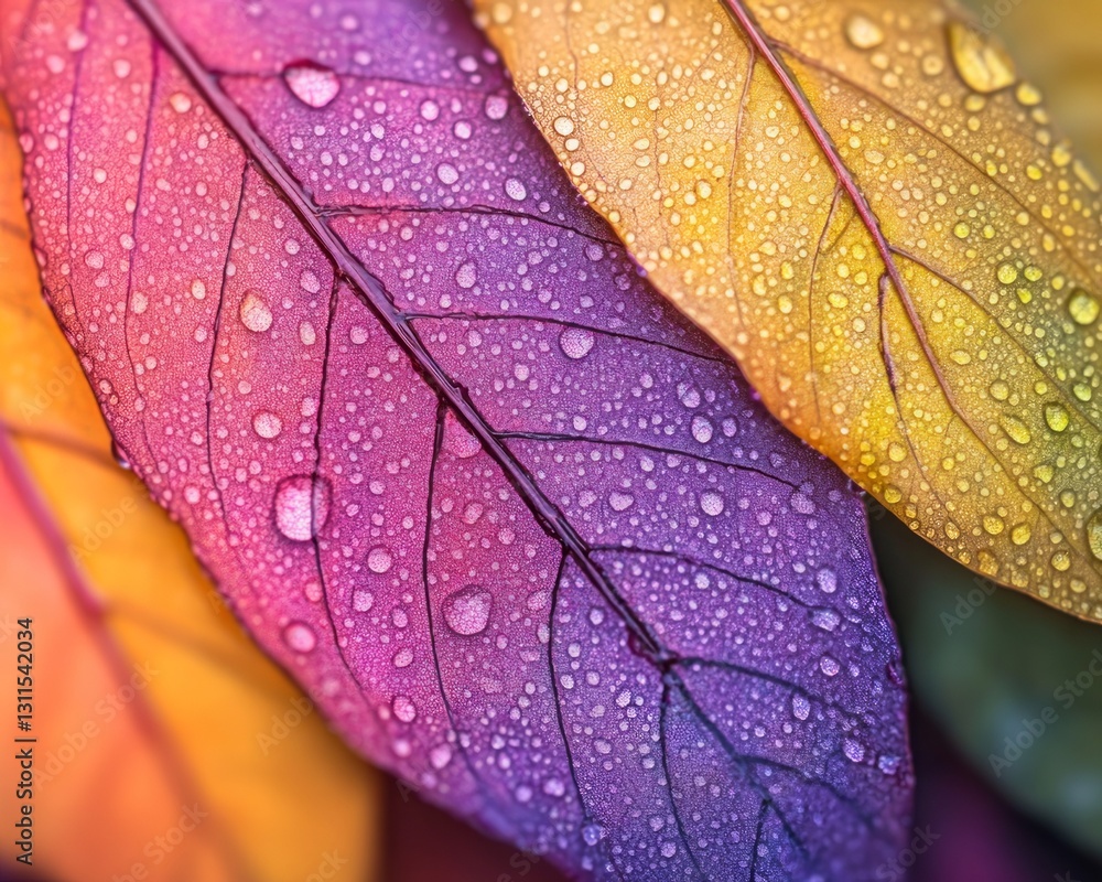 Fototapeta premium Colorful leaves with water droplets, autumn close-up, macro photography, vibrant nature-inspired background, fresh seasonal beauty.