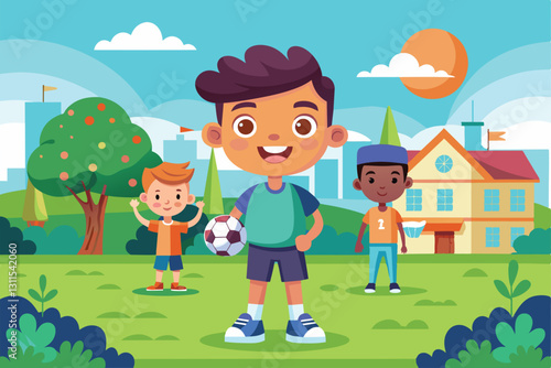 Three cheerful kids play soccer in a colorful schoolyard filled with greenery and buildings, Recess Customizable Cartoon Illustration