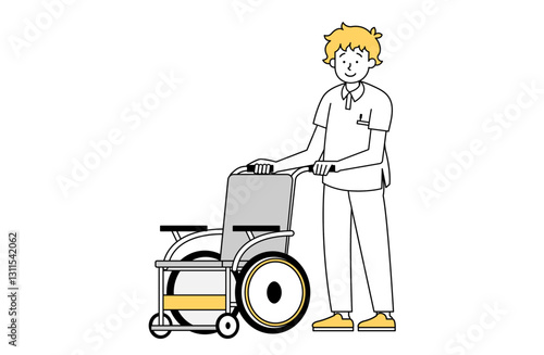 車椅子を押す男性介護士のイラスト 介助 老人ホーム  通院 病院 怪我 シンプル