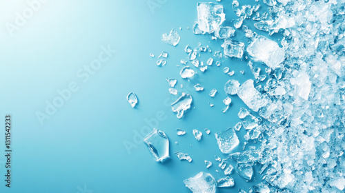Scattered ice cubes on gradient blue background with crushed ice on right