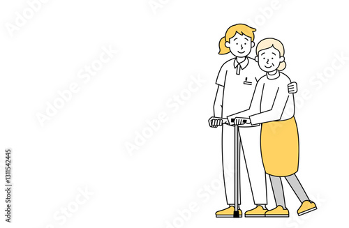 歩行の介助を受ける高齢女性のベクターイラスト 介護士 老人ホーム