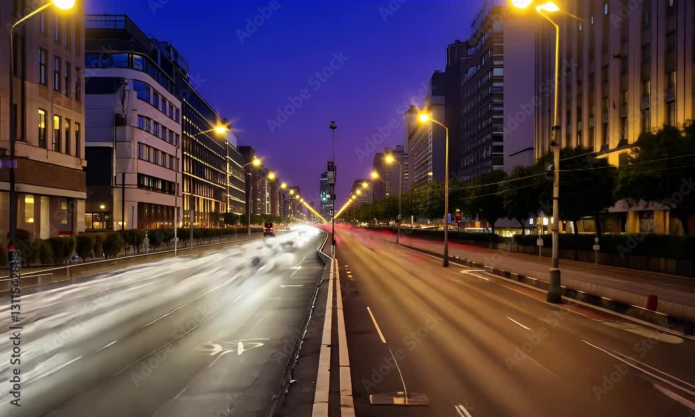 Long exposure shot of illuminated city street with traffic light trails at dusk. Long exposure shot of illuminated city street with traffic light trails at dusk.