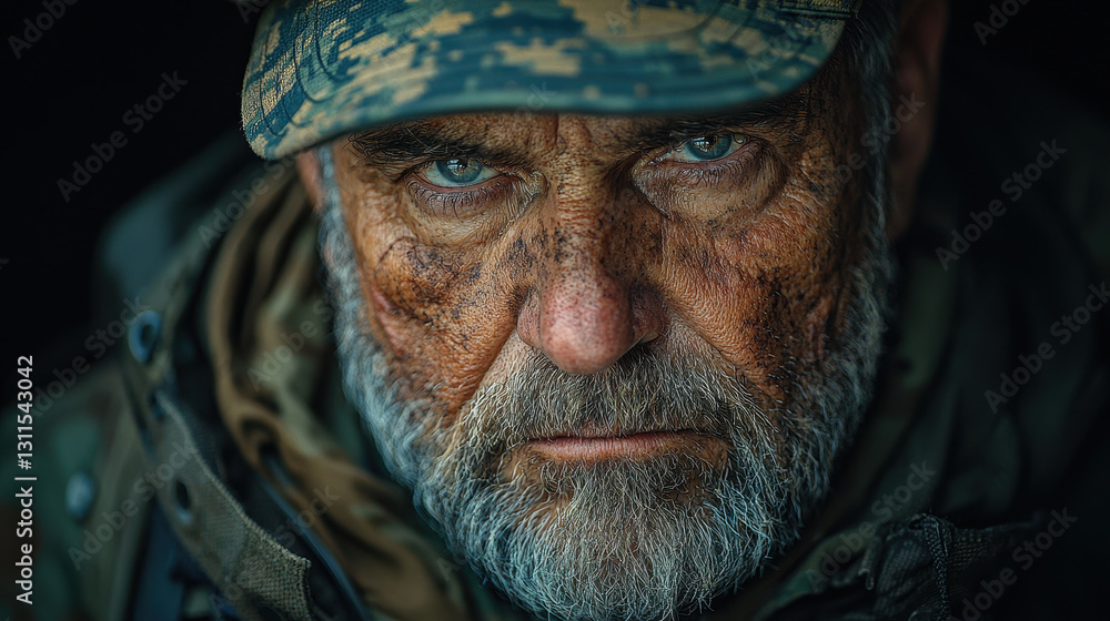 Veteran border guard displays resilience with battle scars and serious demeanor Veteran border guard displays resilience with battle scars and serious demeanor