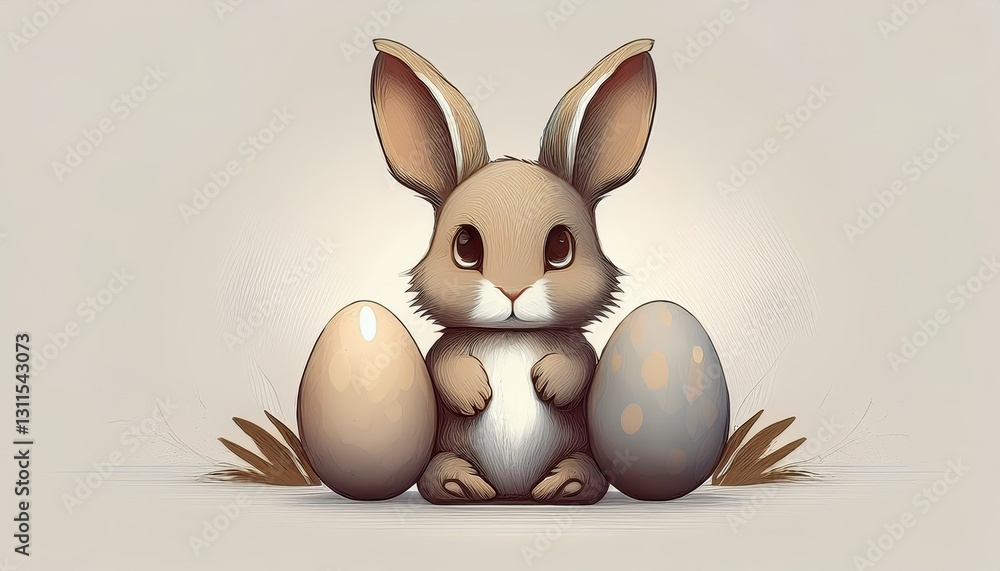 Fototapeta premium A simple cartoon Easter bunny with a white background and eggs