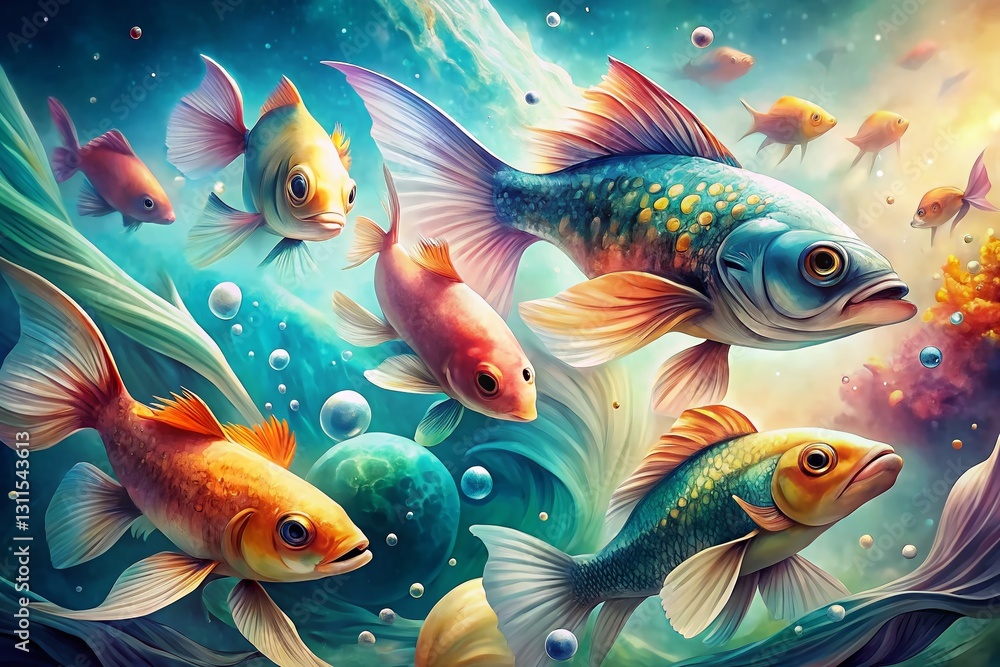 Fototapeta premium Soft Organic Fish Illustrations: Flowing Watercolor Texture, Whimsical Ocean Life Designs