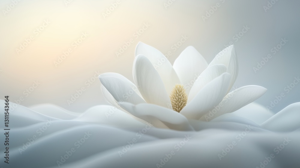 White lotus flower blooming on soft misty water at dawn showcasing tranquility and beauty White lotus flower blooming on soft misty water at dawn showcasing tranquility and beauty