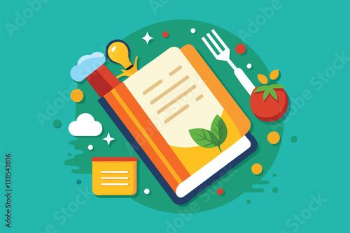 A vibrant recipe book design surrounded by cooking ingredients like tomatoes and utensils, perfect for chefs, Recipe book Customizable Flat Illustration