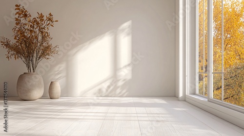 Fototapeta Naklejka Na Ścianę i Meble -  Cozy Simple Room with Window Fall Zoom Background for Professional Video Calls