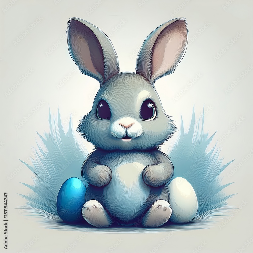Fototapeta premium A simple cartoon Easter bunny with a white background and eggs