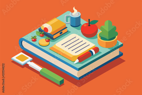 A vibrant recipe book surrounded by fresh ingredients, a drink, and cooking utensils for culinary creativity, Recipe book Customizable Isometric Illustration