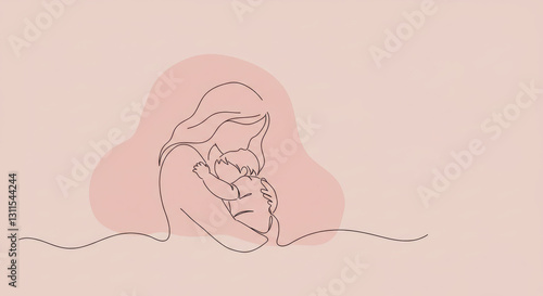 A mother cradles a baby in a simple continuous line art