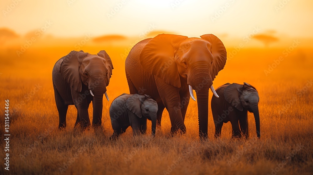 Fototapeta premium African Elephant Family at Sunset in the Savanna