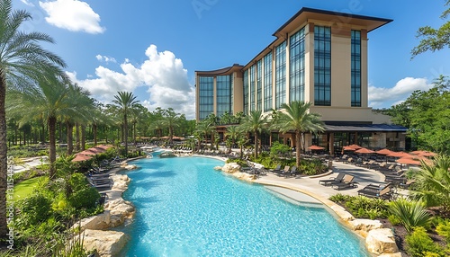 Luxury Resort Hotel with a Large Swimming Pool and Lush Tropical Landscaping
