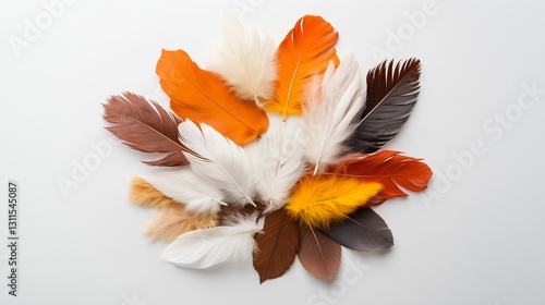 Colorful autumn feathers collection. Brown orange white feathers. Natural decorative plumes. AI generated