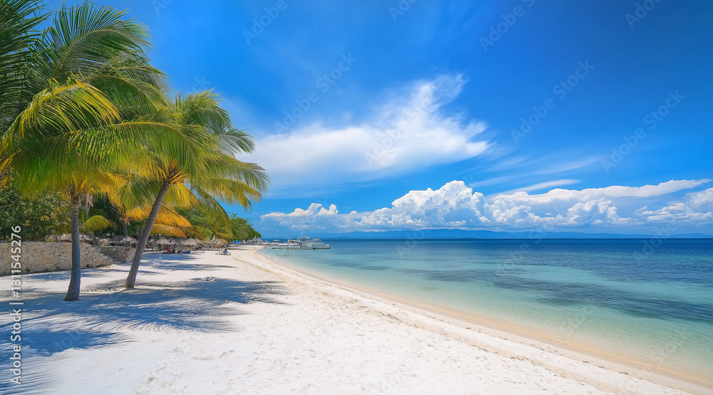 Naklejka premium Tropical Beach Paradise with Turquoise Waters & Swaying Palm Trees – Serene Coastal Landscape with Blue Sky, White Clouds & Soft Beige Sand – Relaxing Vacation Destination & Nature Escape