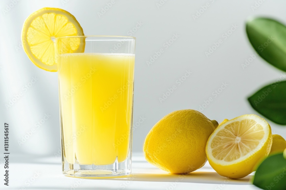Refreshing lemon juice in a tall transparent glass on a gray background. Refreshing lemon juice in a tall transparent glass on a gray background.