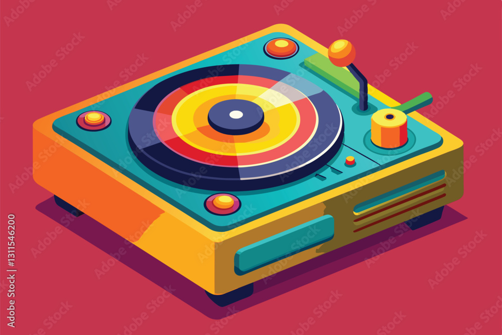 A bright record player is illustrated with bold colors and customizable features, showcasing its playful design, Record player Customizable Cartoon Illustration A bright record player is illustrated with bold colors and customizable features, showcasing its playful design, Record player Customizable Cartoon Illustration