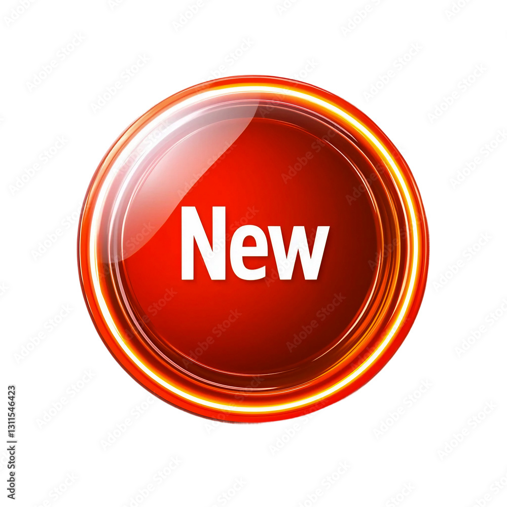 New Label Round Red Button with Glow Effect on Transparent Background New Label Round Red Button with Glow Effect on Transparent Background