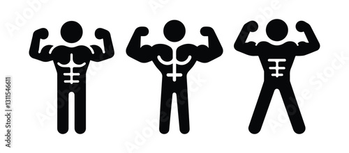 bodybuilder icon, set of silhouettes people, strongman with big muscles, stickman sportsman, gym symbol, isolated on transparent background