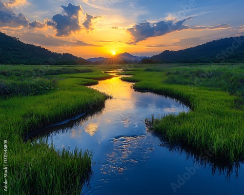 Sunset over tranquil stream in verdant meadow.