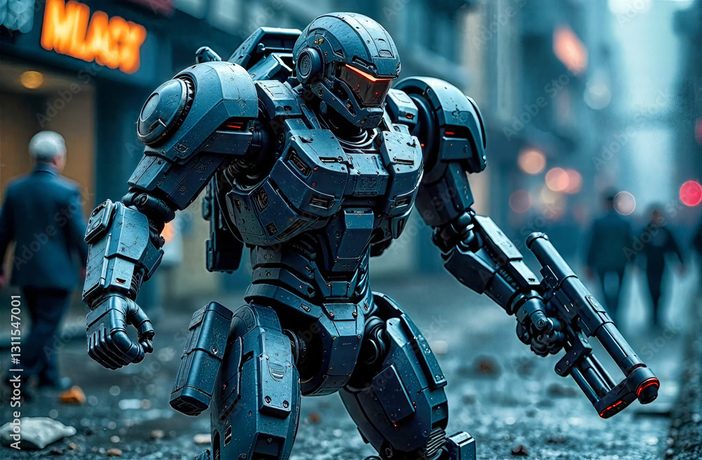 Futuristic robot patrols a busy urban street in a dystopian setting filled with people and debris Futuristic robot patrols a busy urban street in a dystopian setting filled with people and debris