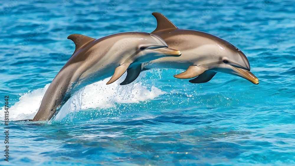 Obraz premium Two dolphins are leaping out of the turquoise water, creating splashes around them. Concept Dolphins Leaping, Turquoise Water, Splashing Action, Ocean Wildlife, Marine Life Beauty