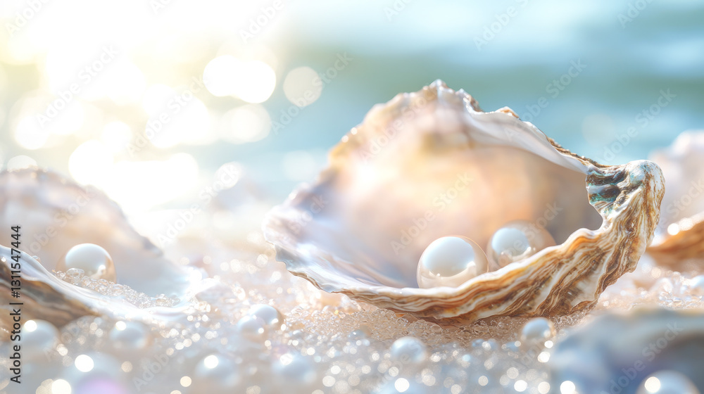 Open seashell with pearls on sparkling beach sand in sunlight Open seashell with pearls on sparkling beach sand in sunlight