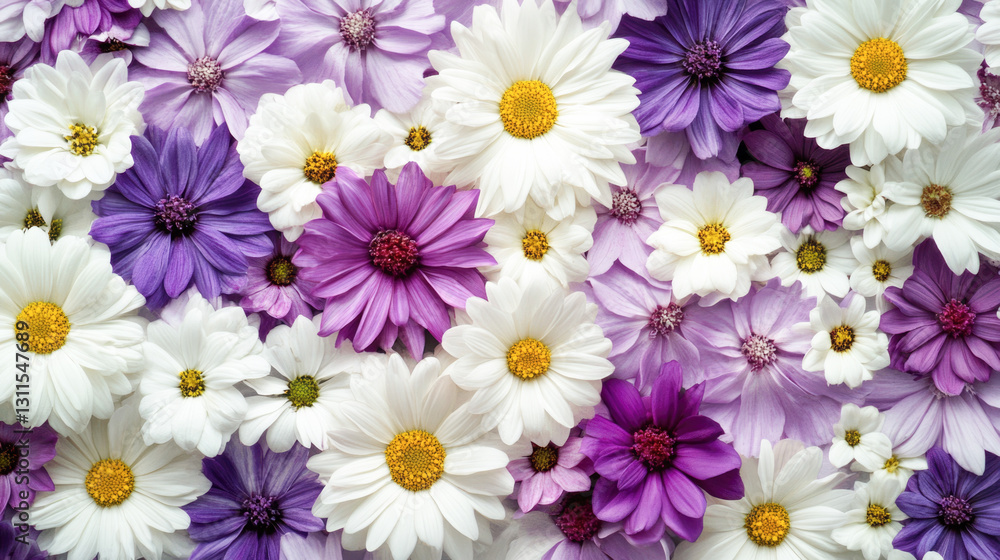 Vibrant mix of white and purple daisies with yellow centers in full bloom Vibrant mix of white and purple daisies with yellow centers in full bloom