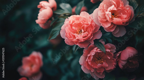 Fototapeta Naklejka Na Ścianę i Meble -  Vibrant pink peonies in lush garden setting with dark green foliage