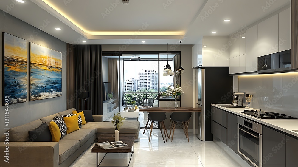 Fototapeta premium Modern Open Plan Apartment Interior Design with City View