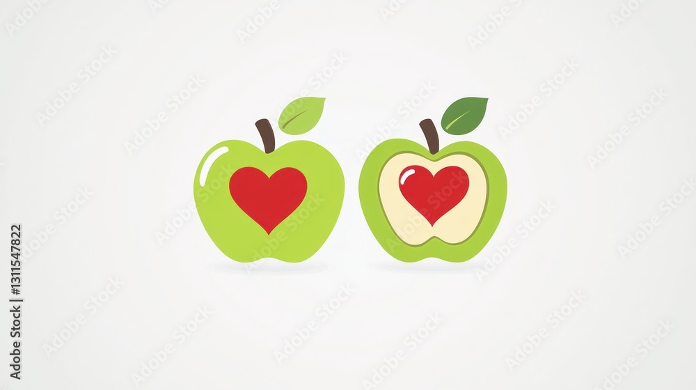 Two stylized green apples with red hearts, representing love and health. Possible use for healthy food promotions Two stylized green apples with red hearts, representing love and health. Possible use for healthy food promotions