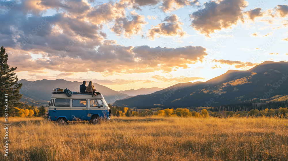 Fototapeta premium A couple road-tripping in a vintage camper van with a scenic mountain backdrop, bathed in warm golden hour lighting