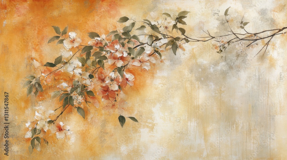 Fototapeta premium Delicate Spring Blossom on Rustic Texture, Watercolor Wash Backdrop, Pastel Floral Illustration.