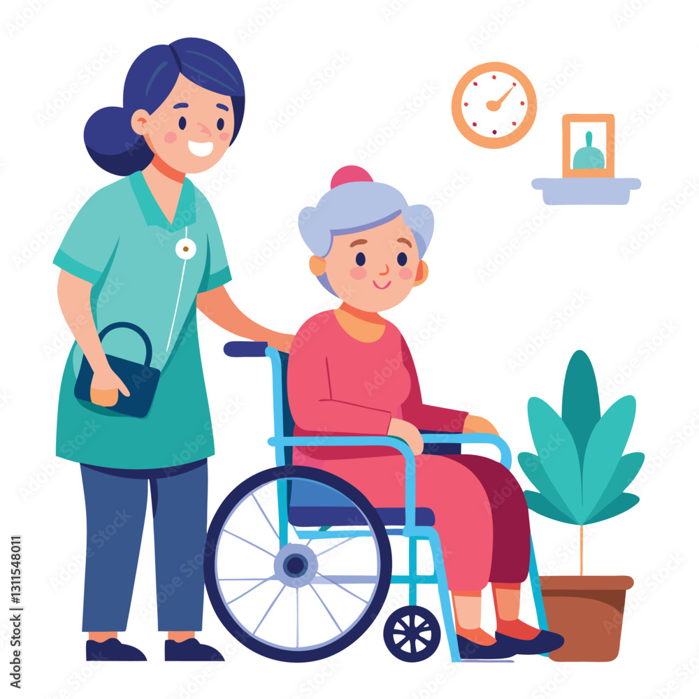 a nurse is taking care of a wheel chair patient vector a nurse is taking care of a wheel chair patient vector