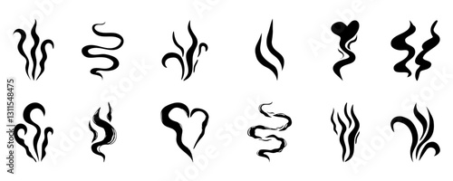 Steam smoke hand drawn line comic doodle. Aroma trail, cloud or wind silhouette. Smells hot air fragrance evaporate set. 