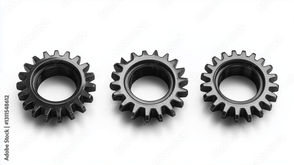 From a top view, three metal gears rest on a white background, emphasizing their structure.
From a top view, three metal gears rest on a white background, emphasizing their structure.