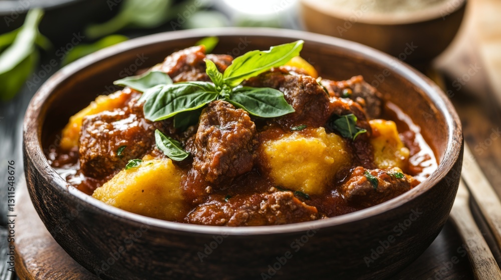 A rustic dish of polenta served with a hearty meat sauce, garnished with fresh basil, emphasizing the comforting and hearty qualities of traditional Italian cuisine. A rustic dish of polenta served with a hearty meat sauce, garnished with fresh basil, emphasizing the comforting and hearty qualities of traditional Italian cuisine.