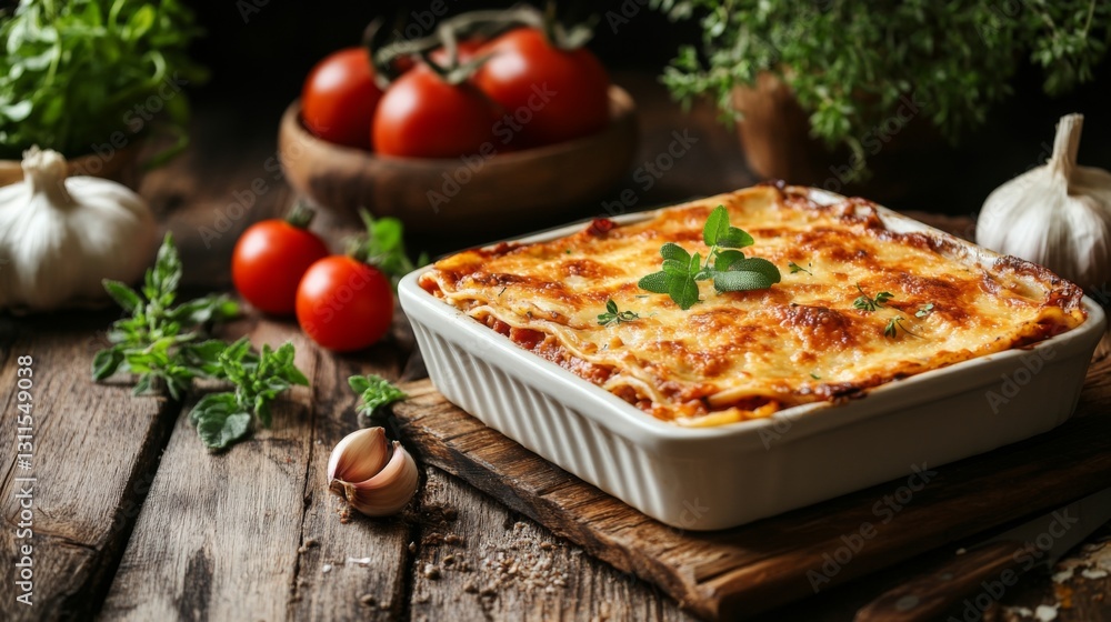 A rustic kitchen scene with a freshly baked lasagna on a wooden table, surrounded by ingredients like tomatoes, herbs, and garlic, showcasing the essence of homemade cooking. A rustic kitchen scene with a freshly baked lasagna on a wooden table, surrounded by ingredients like tomatoes, herbs, and garlic, showcasing the essence of homemade cooking.